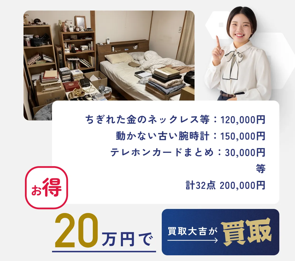 ちぎれた金のネックレス等：120,000円 動かない古い腕時計：150,000円 テレホンカードまとめ：30,000円 等 計32点 200,000円 買取大吉が20万円で買取