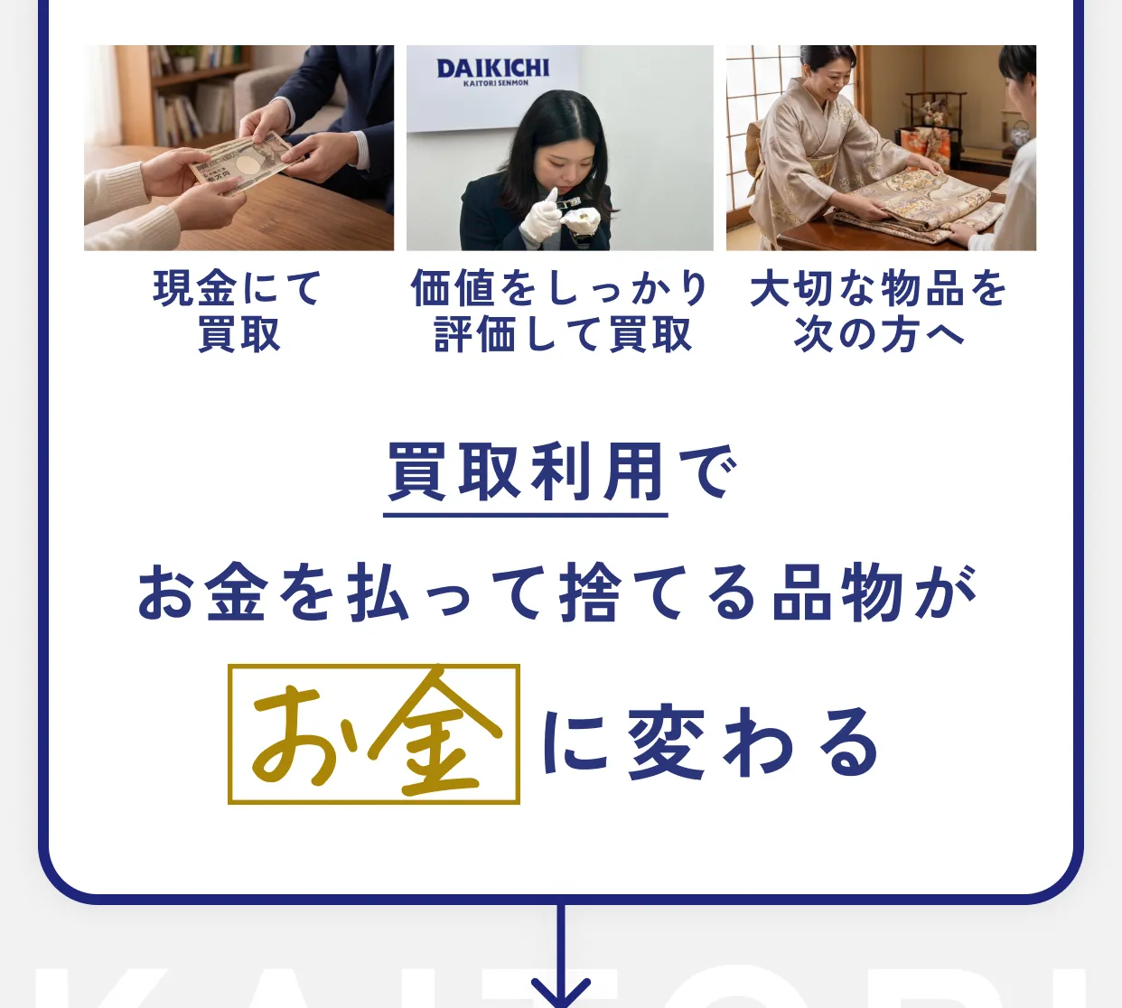 現金にて買取・価値をしっかり評価して買取・大切な物品を次の方へ 買取利用でお金を払って捨てる品物がお金に変わる